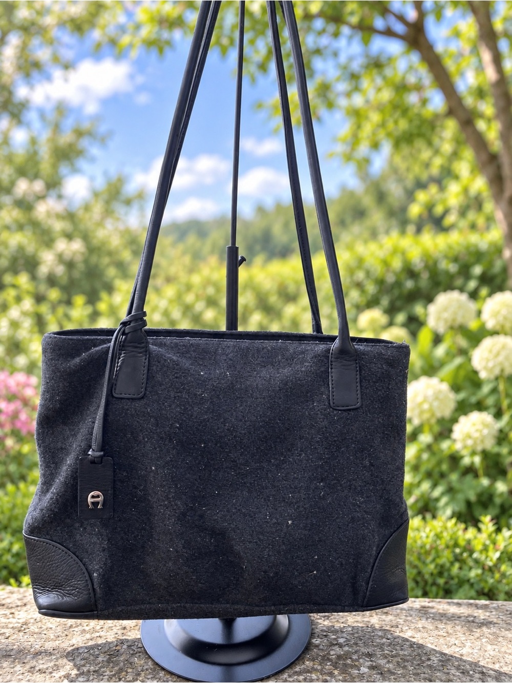 Etienne Aigner Black Wool Felt Tote Genuine Leather Trim Shoulder Bag